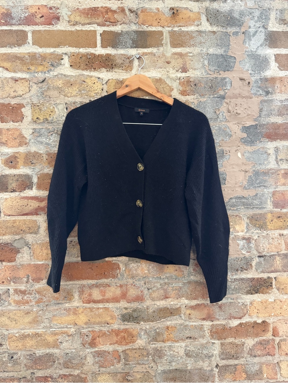 Quince Black Button-Front V-Neck Cardigan